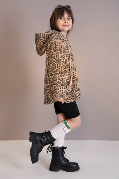 Leopar Desenli Kapüşonlu Kız Çocuk Peluş Hırka 19804