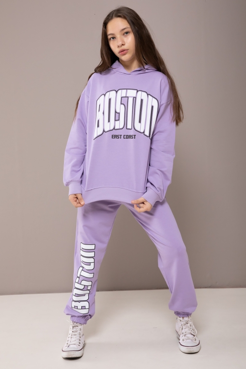 Lila Boston Yazılı Kapüşonlu Kız Çocuk Eşofman Takımı 19826