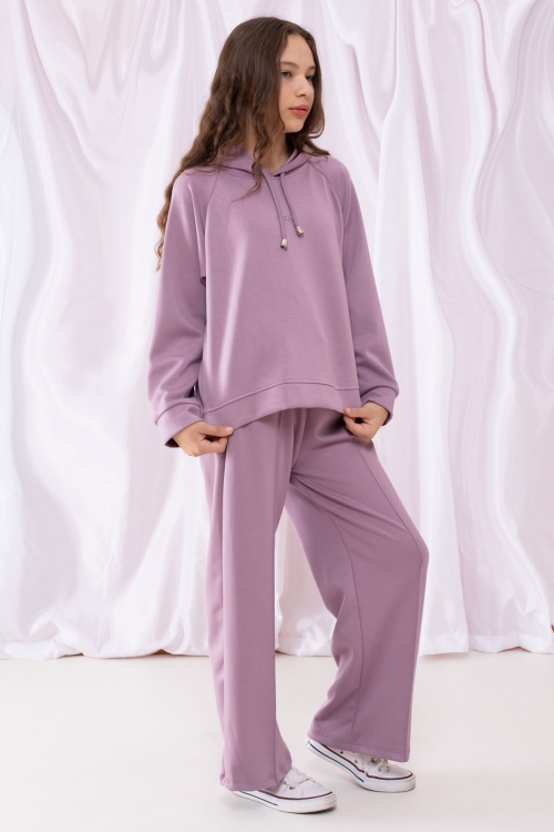 Lila Cool Yazılı Kapüşonlu Geniş Paça Kız Çocuk Eşofman Takımı 19536