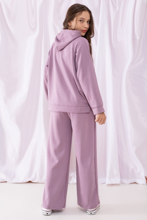 Lila Cool Yazılı Kapüşonlu Geniş Paça Kız Çocuk Eşofman Takımı 19536
