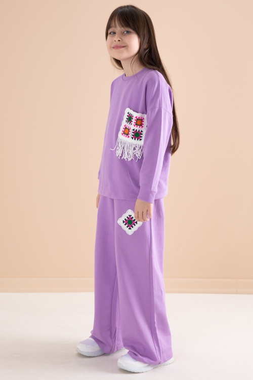 Lila Dantel Cep Detaylı Bisiklet Yaka Kız Çocuk Eşofman Takımı 20146