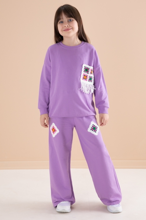 Lila Dantel Cep Detaylı Bisiklet Yaka Kız Çocuk Eşofman Takımı 20146