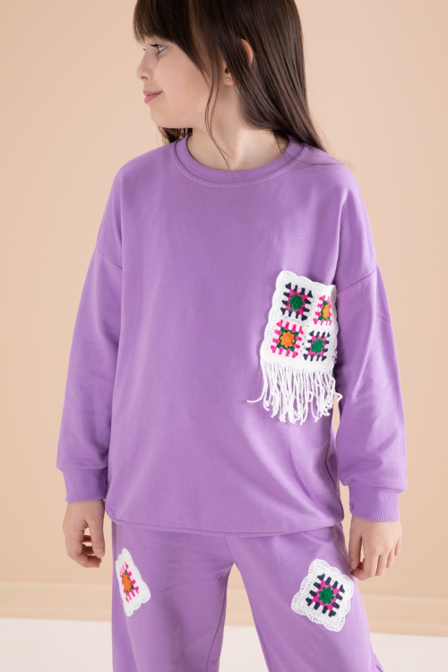 Lila Dantel Cep Detaylı Bisiklet Yaka Kız Çocuk Eşofman Takımı 20146