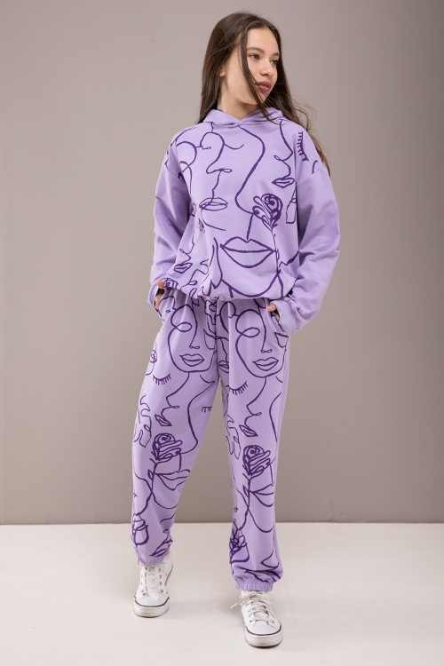 Lila Desenli Kapüşonlu Kız Çocuk Alt Üst Eşofman Takımı 19769