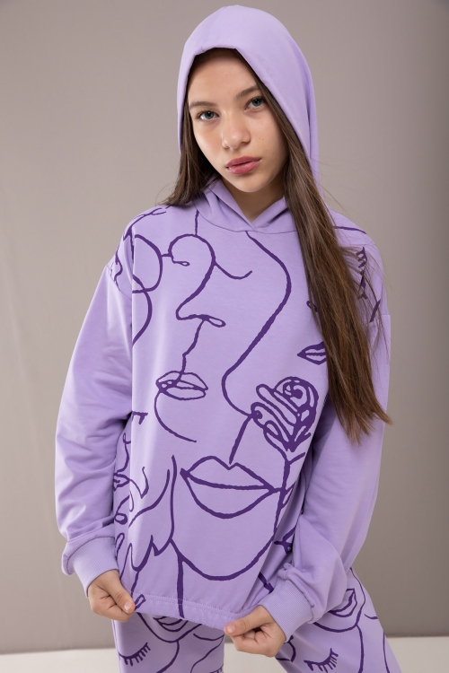 Lila Desenli Kapüşonlu Kız Çocuk Alt Üst Eşofman Takımı 19769