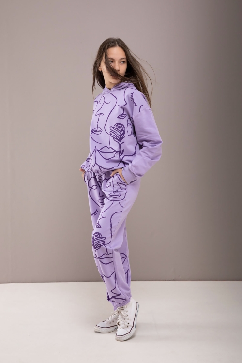 Lila Desenli Kapüşonlu Kız Çocuk Alt Üst Eşofman Takımı 19769