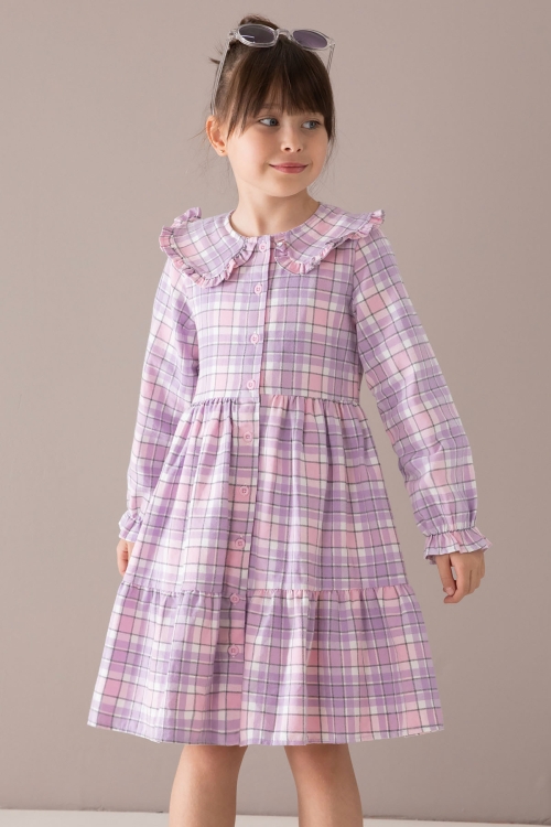 Lila Ekose Desenli Düğmeli Uzun Kol Kız Çocuk Elbise 19808