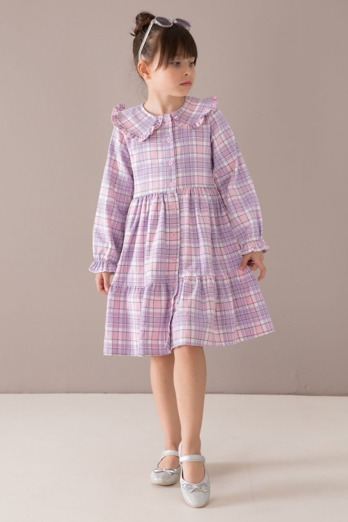 Lila Ekose Desenli Düğmeli Uzun Kol Kız Çocuk Elbise 19808