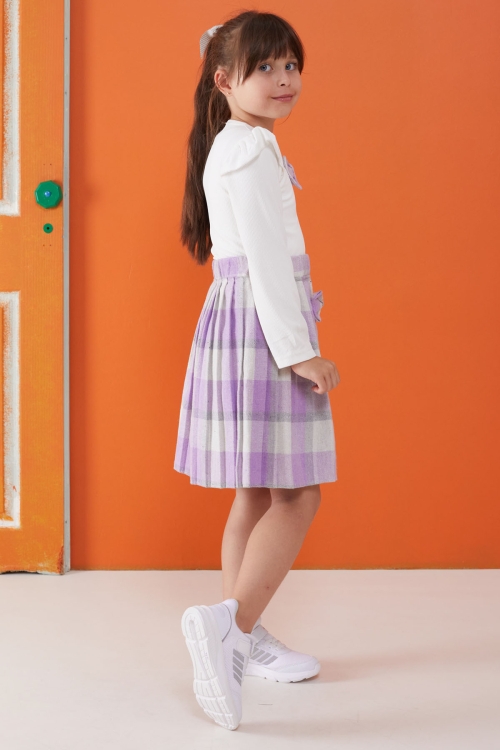 Lila Ekose Etekli Fiyonklu Badili Kız Çocuk Elbise Takımı 5-9 Yaş 17737