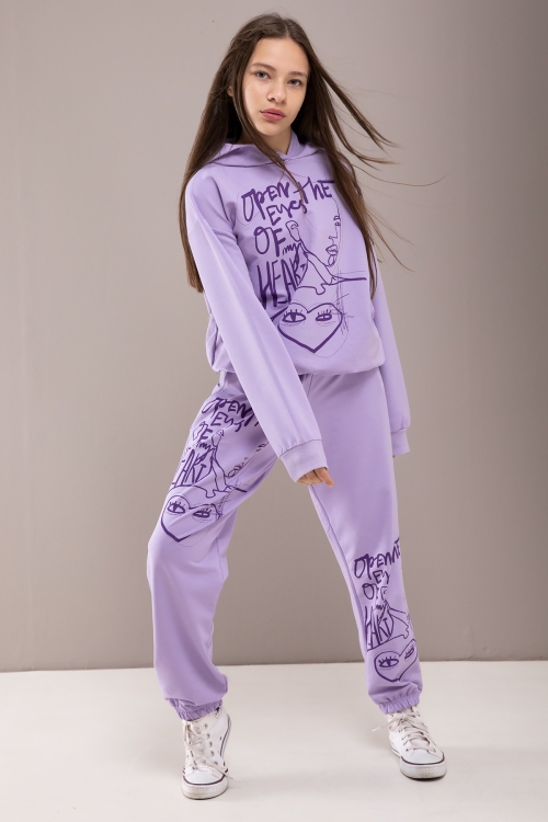 Lila Heart Yazılı Desenli Kapüşonlu Kız Çocuk Eşofman Takımı 19774