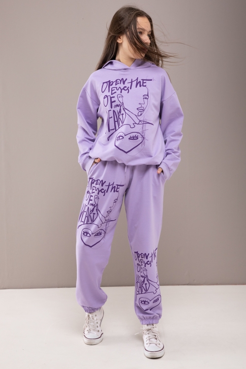 Lila Heart Yazılı Desenli Kapüşonlu Kız Çocuk Eşofman Takımı 19774