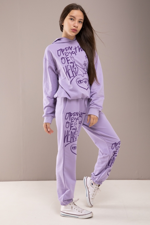 Lila Heart Yazılı Desenli Kapüşonlu Kız Çocuk Eşofman Takımı 19774