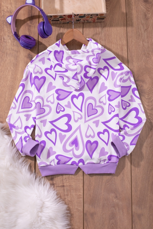 Lila Kalp Desenli Peluş Detaylı Kız Çocuk Kapüşonlu Sweatshirt 19649