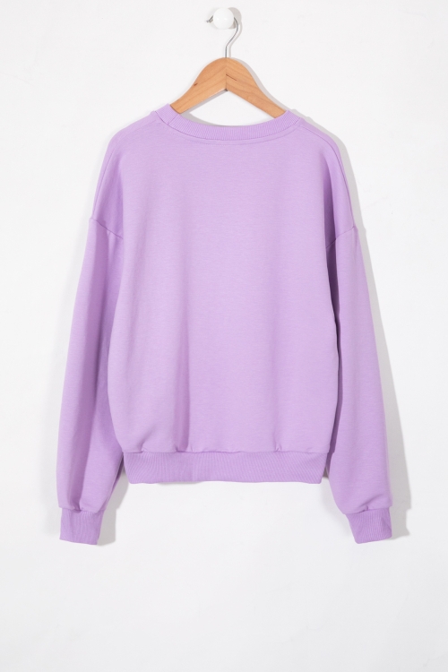 Lila Kalp Kabartmalı Bisiklet Yaka Kız Çocuk Sweatshirt 19665