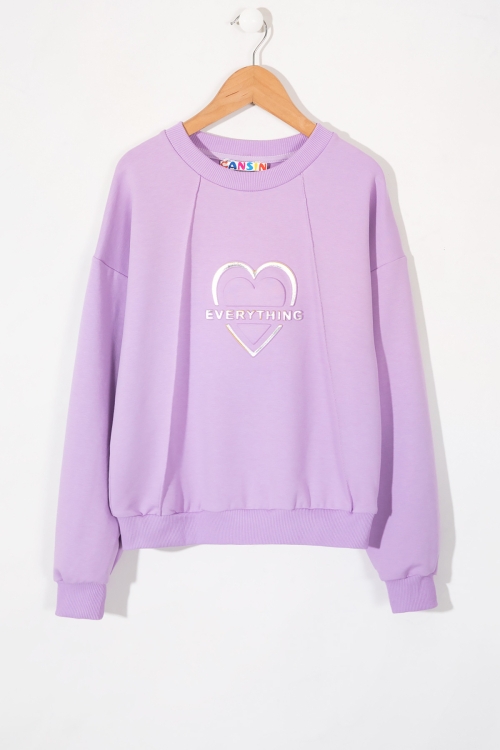 Lila Kalp Kabartmalı Bisiklet Yaka Kız Çocuk Sweatshirt 19665