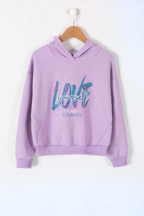 Lila Love Yazılı Kapüşonlu Kız Çocuk Sweatshirt 19645
