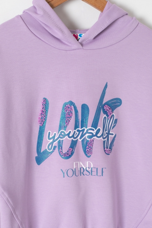 Lila Love Yazılı Kapüşonlu Kız Çocuk Sweatshirt 19645