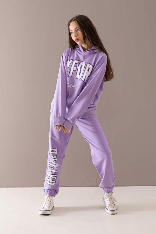 Lila Oxford Baskılı Kapüşonlu Kız Çocuk Eşofman Takımı 19756