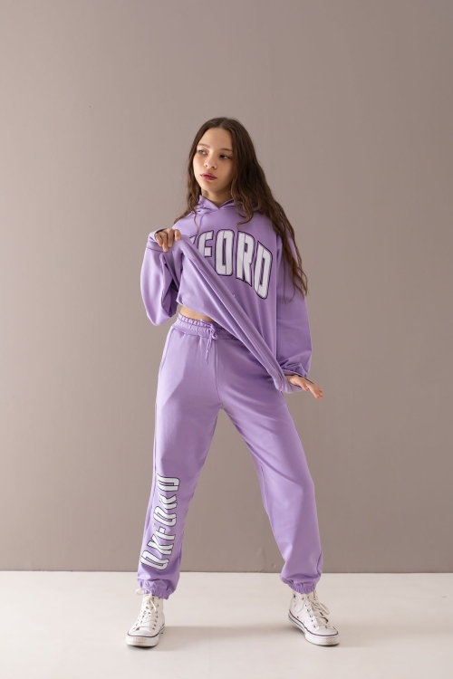 Lila Oxford Baskılı Kapüşonlu Kız Çocuk Eşofman Takımı 19756