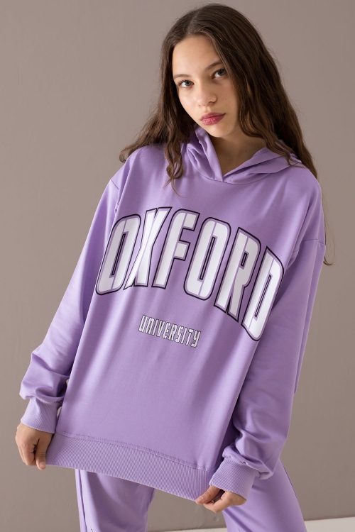 Lila Oxford Baskılı Kapüşonlu Kız Çocuk Eşofman Takımı 19756