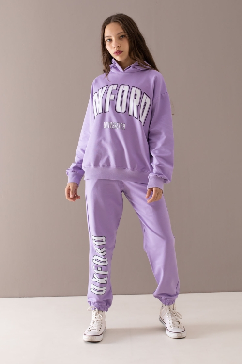 Lila Oxford Baskılı Kapüşonlu Kız Çocuk Eşofman Takımı 19756
