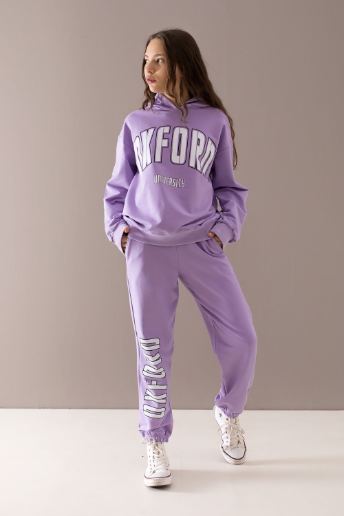 Lila Oxford Baskılı Kapüşonlu Kız Çocuk Eşofman Takımı 19756