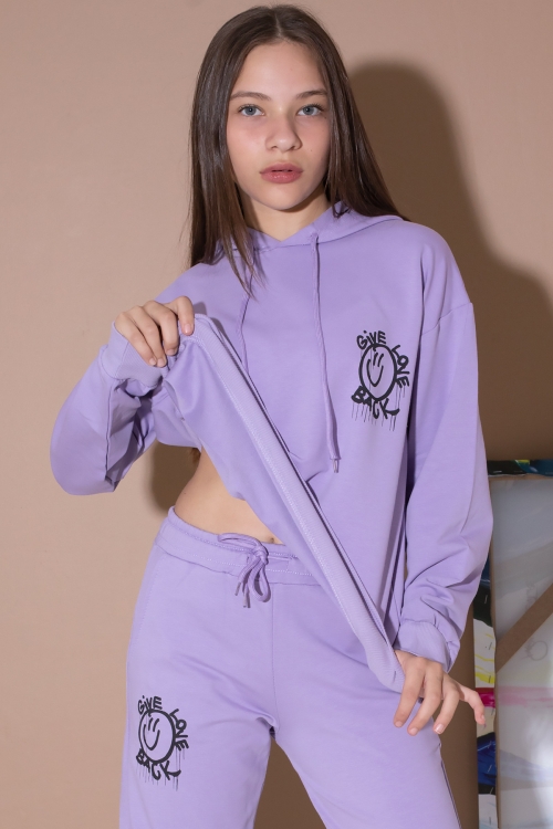 Lila Sırt Baskılı Kapüşonlu Kız Çocuk Eşofman Takımı 19564