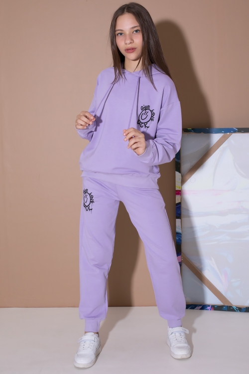 Lila Sırt Baskılı Kapüşonlu Kız Çocuk Eşofman Takımı 19564