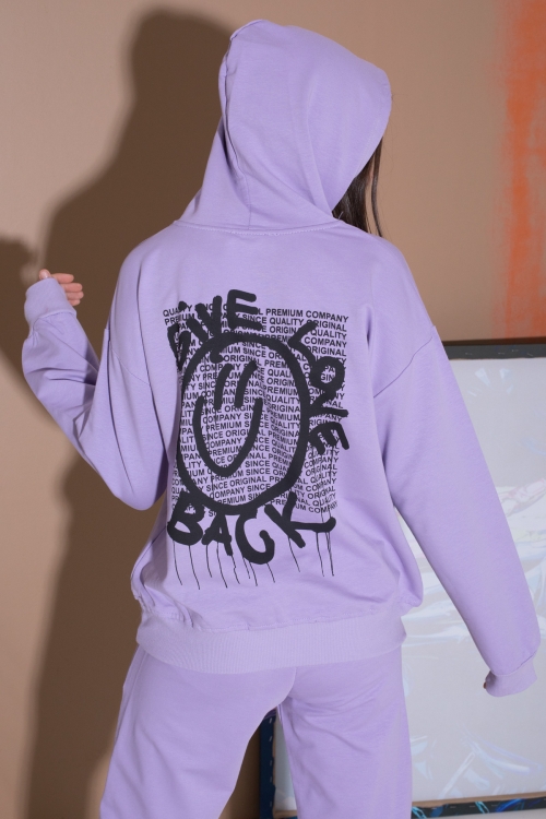 Lila Sırt Baskılı Kapüşonlu Kız Çocuk Eşofman Takımı 19564