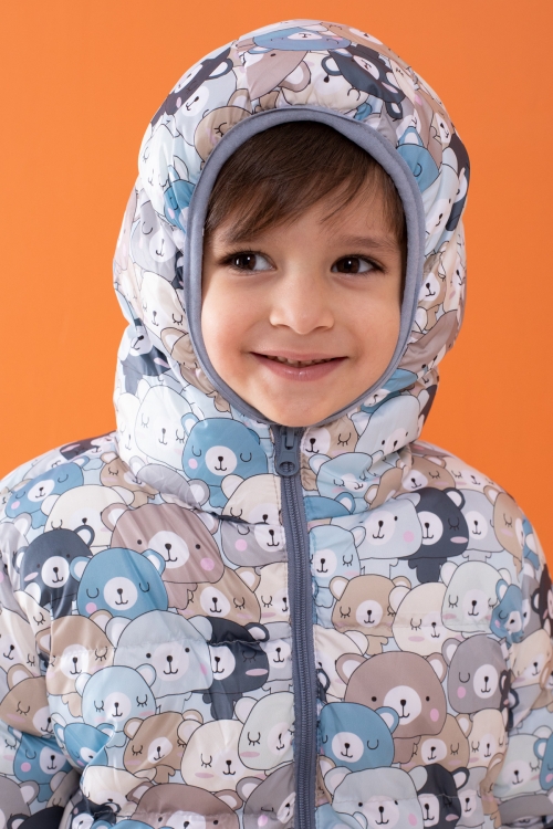 Mavi Ayıcık Desenli Erkek Çocuk Kapüşonlu Şişme Mont 1-5 Yaş 19492