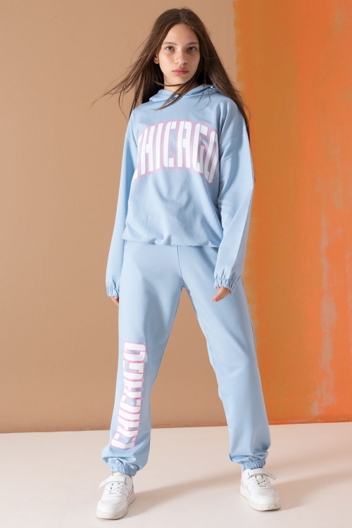 Mavi Chicago Yazılı Kapüşonlu Kız Çocuk Eşofman Takımı 19579