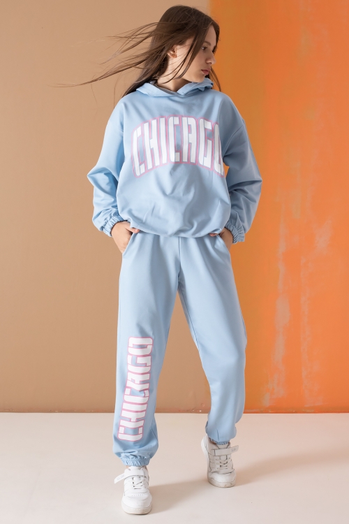 Mavi Chicago Yazılı Kapüşonlu Kız Çocuk Eşofman Takımı 19579