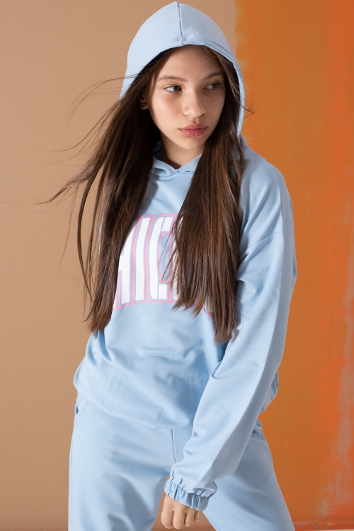 Mavi Chicago Yazılı Kapüşonlu Kız Çocuk Eşofman Takımı 19579