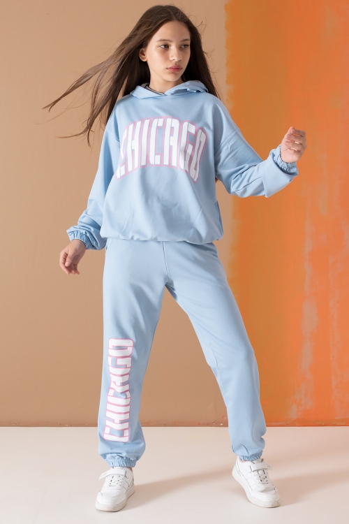 Mavi Chicago Yazılı Kapüşonlu Kız Çocuk Eşofman Takımı 19579