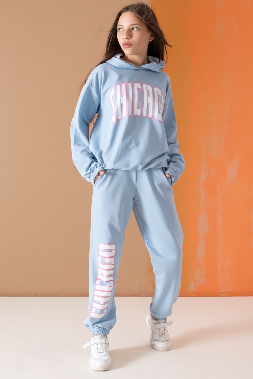 Mavi Chicago Yazılı Kapüşonlu Kız Çocuk Eşofman Takımı 19579