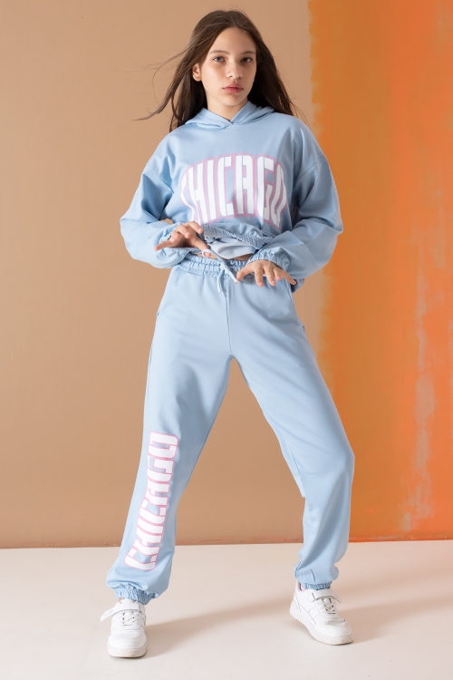 Mavi Chicago Yazılı Kapüşonlu Kız Çocuk Eşofman Takımı 19579