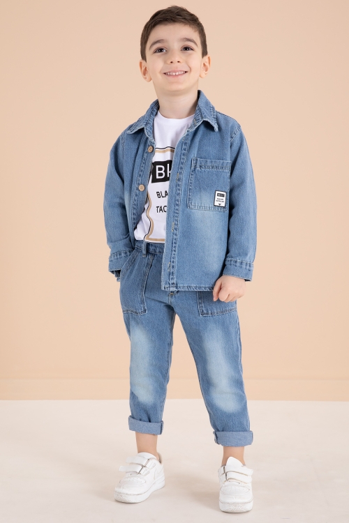 Mavi Düğmeli Jean Ceketli Pantolonlu Erkek Çocuk 3lü Takım 20011