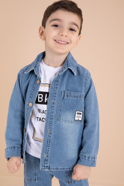 Mavi Düğmeli Jean Ceketli Pantolonlu Erkek Çocuk 3lü Takım 20011