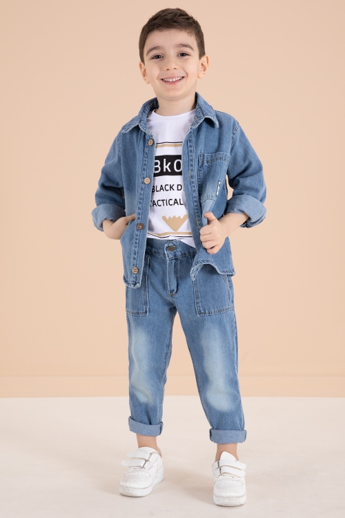 Mavi Düğmeli Jean Ceketli Pantolonlu Erkek Çocuk 3lü Takım 20011