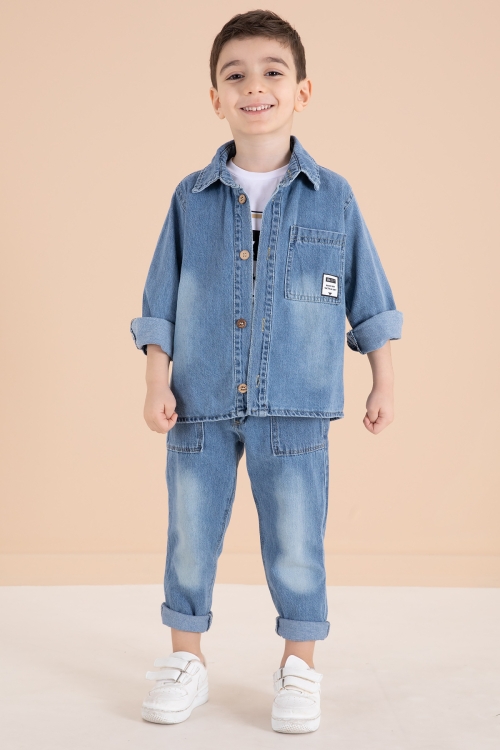 Mavi Düğmeli Jean Ceketli Pantolonlu Erkek Çocuk 3lü Takım 20011