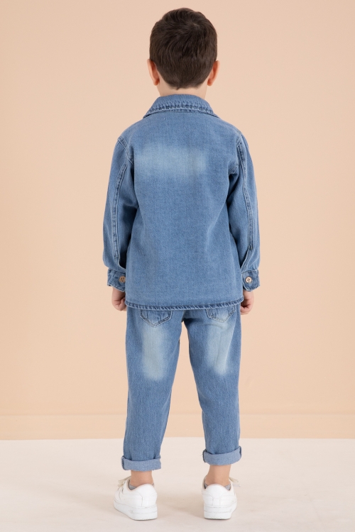 Mavi Düğmeli Jean Ceketli Pantolonlu Erkek Çocuk 3lü Takım 20011
