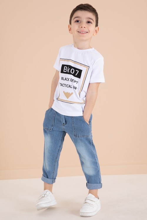 Mavi Düğmeli Jean Ceketli Pantolonlu Erkek Çocuk 3lü Takım 20011