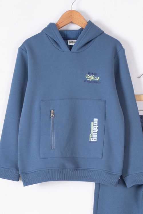 Mavi Fermuar Cepli Kapüşonlu Şardonlu Erkek Çocuk Eşofman Takım 19604