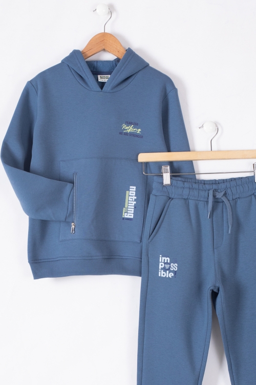 Mavi Fermuar Cepli Kapüşonlu Şardonlu Erkek Çocuk Eşofman Takım 19604