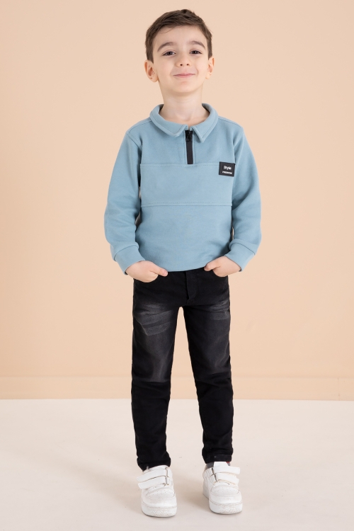 Mavi Fermuar Yakalı Sweatshirt ve Jean Pantolonlu Erkek Çocuk Takım 20111