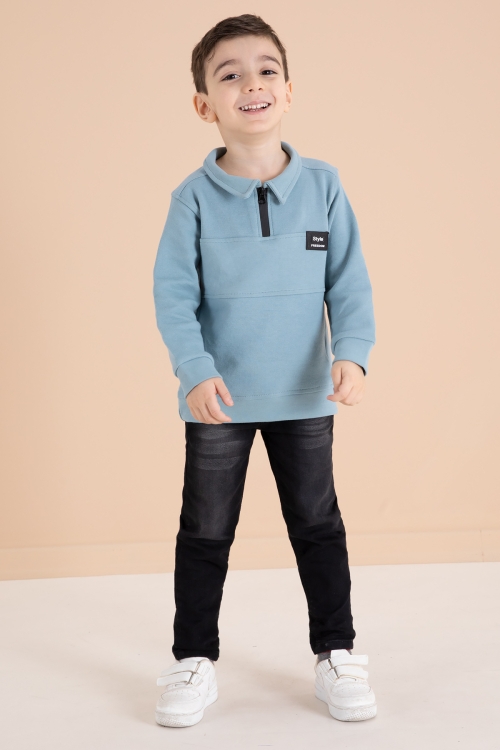 Mavi Fermuar Yakalı Sweatshirt ve Jean Pantolonlu Erkek Çocuk Takım 20111