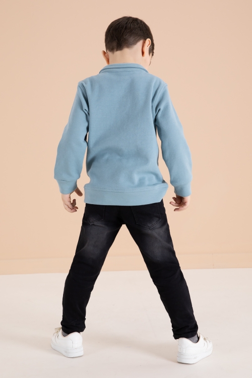 Mavi Fermuar Yakalı Sweatshirt ve Jean Pantolonlu Erkek Çocuk Takım 20111