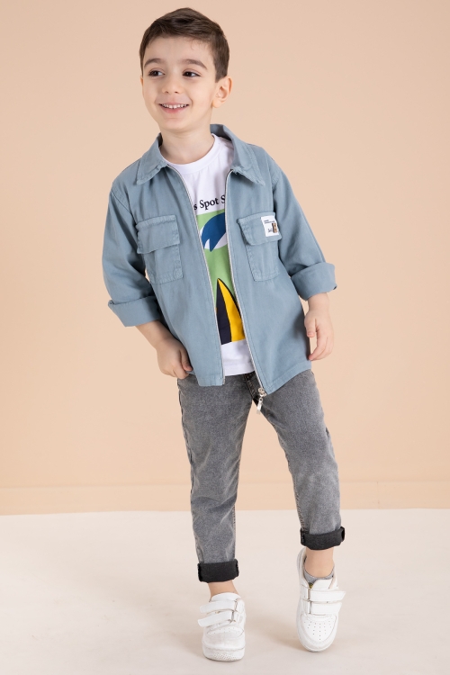 Mavi Fermuarlı Ceketli Tişörtlü Erkek Çocuk 3lü Alt Üst Takım 19961