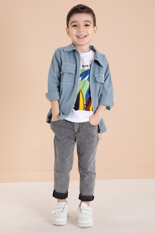Mavi Fermuarlı Ceketli Tişörtlü Erkek Çocuk 3lü Alt Üst Takım 19961