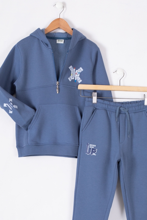 Mavi Fermuarlı Yaka Kapüşonlu Erkek Çocuk Şardonlu Eşofman Takımı 19621